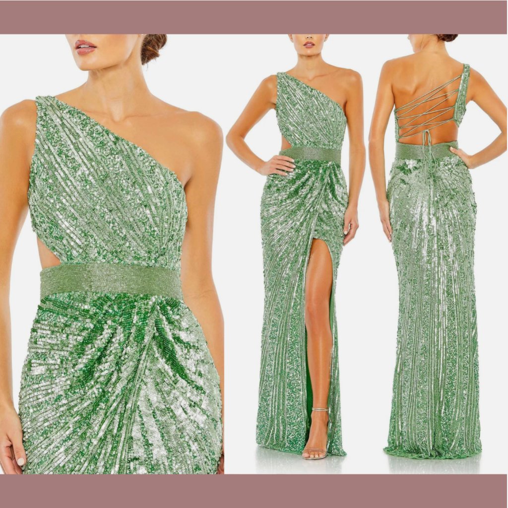 New $598 Mac Duggal [ 12 ] Sequined One Shoulder Draped Lace Up Gown Sage Green